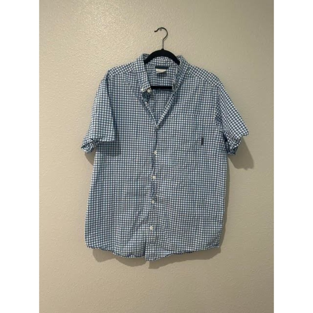 Columbia Mens Blue White Gingham Short Sleeve Button Down Shirt Large